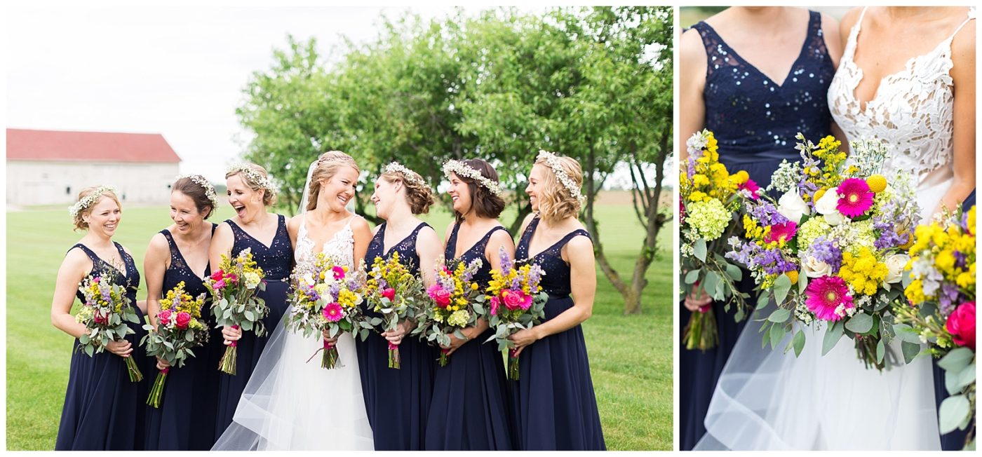 Bridesmaids joyfully laughing with each other while having their photos taken