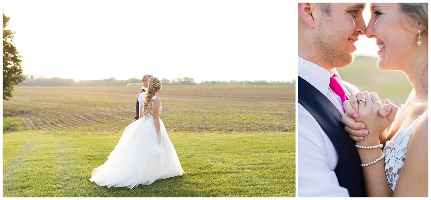 Bride and Groom walking in a country field in Indiana while the sun is hitting them as it sets
