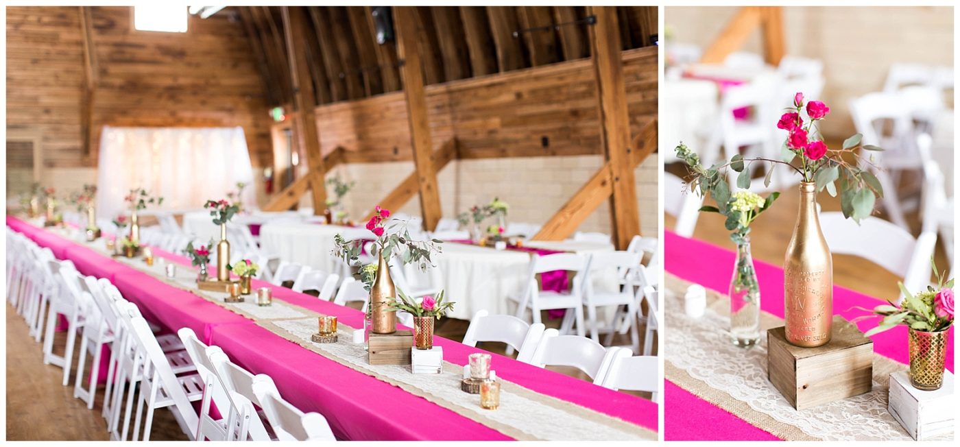 Wedding reception inspiration for a pink, vintage, and rustic theme