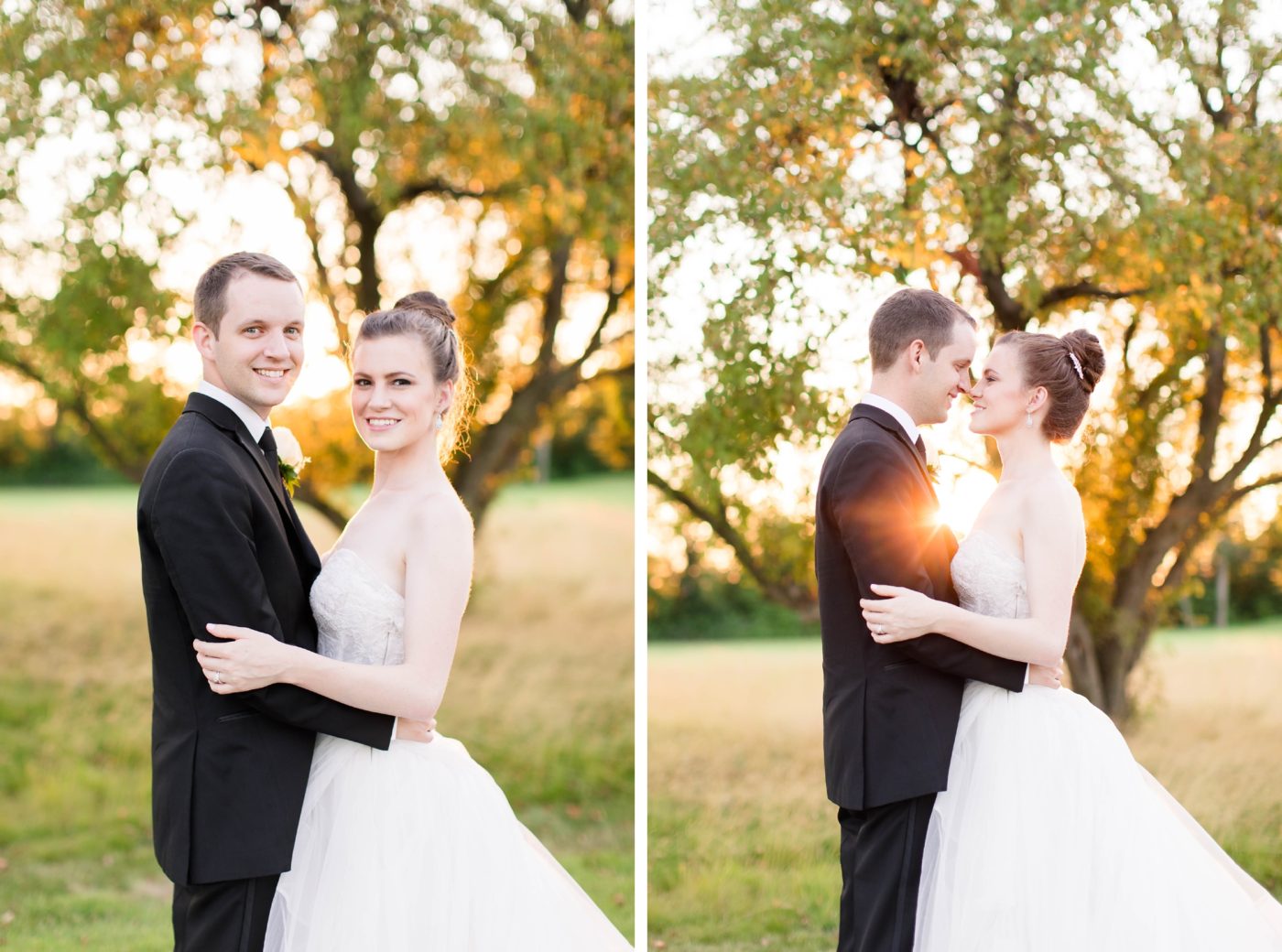 Bride and Groom holding each other and smiling and looking at the camera at sunset on their wedding day. 