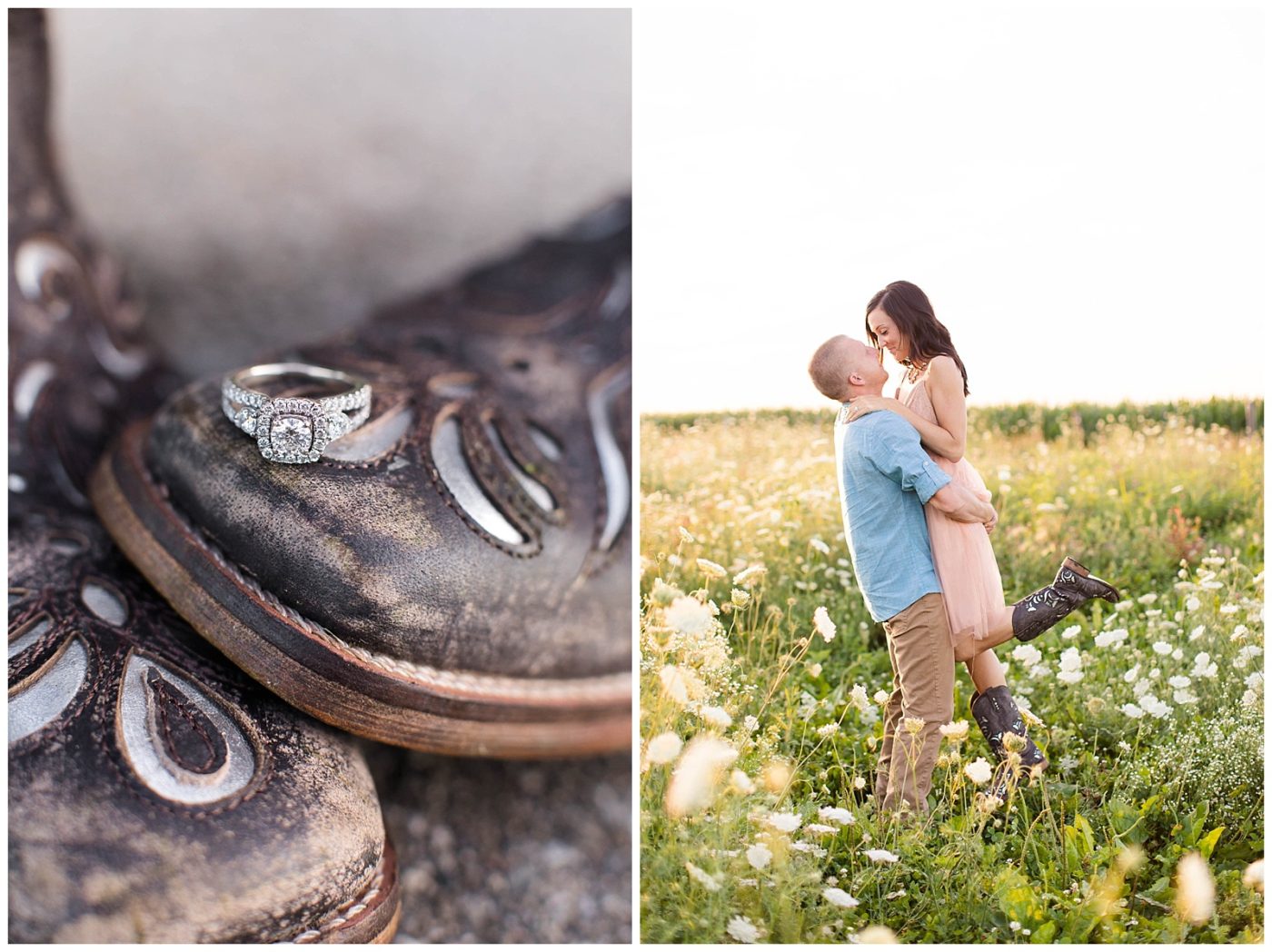 Photo of an engagement ring on cowboy boot for an adorable country engagement session 